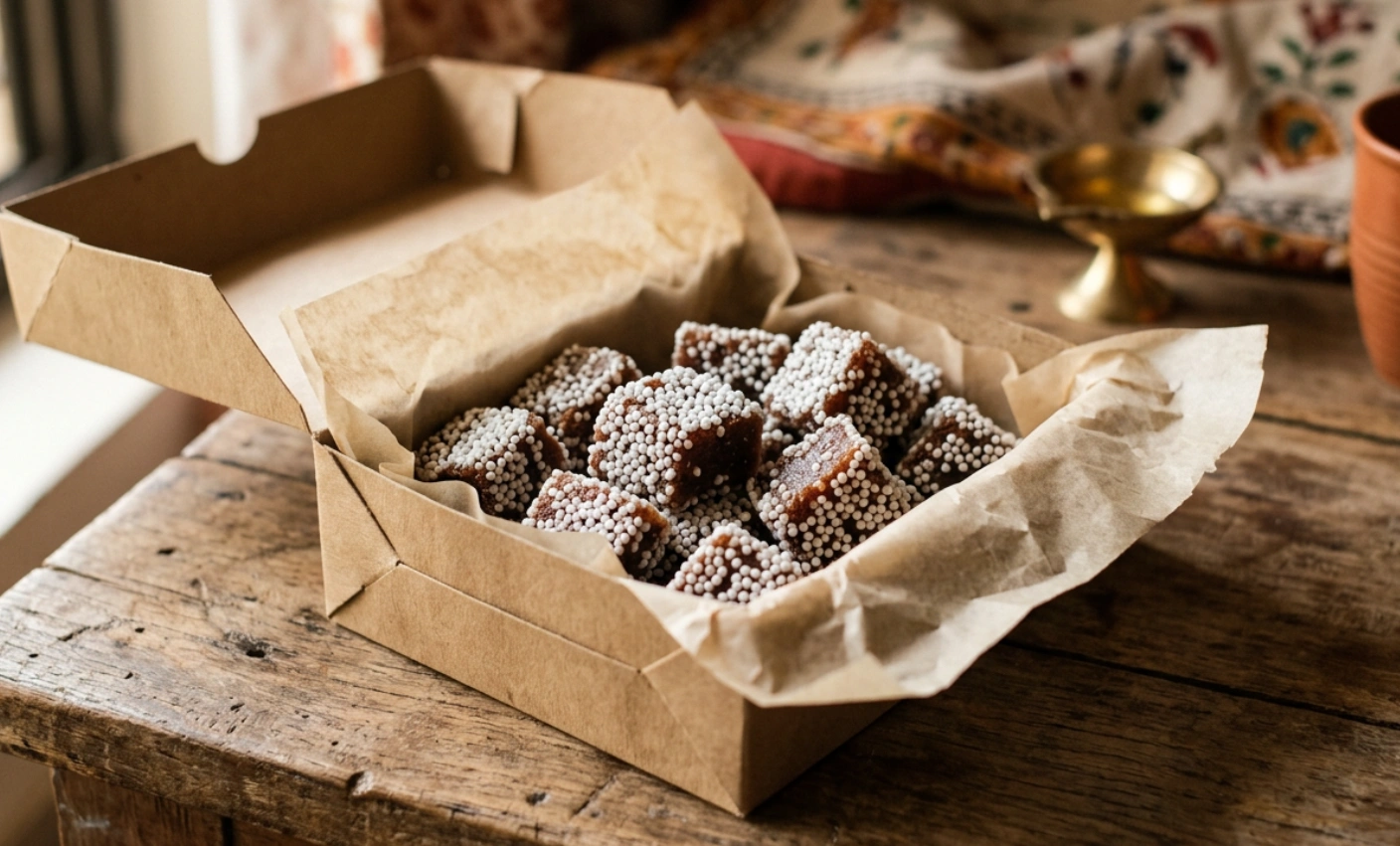Bal Mithai close-up showing texture and natural color